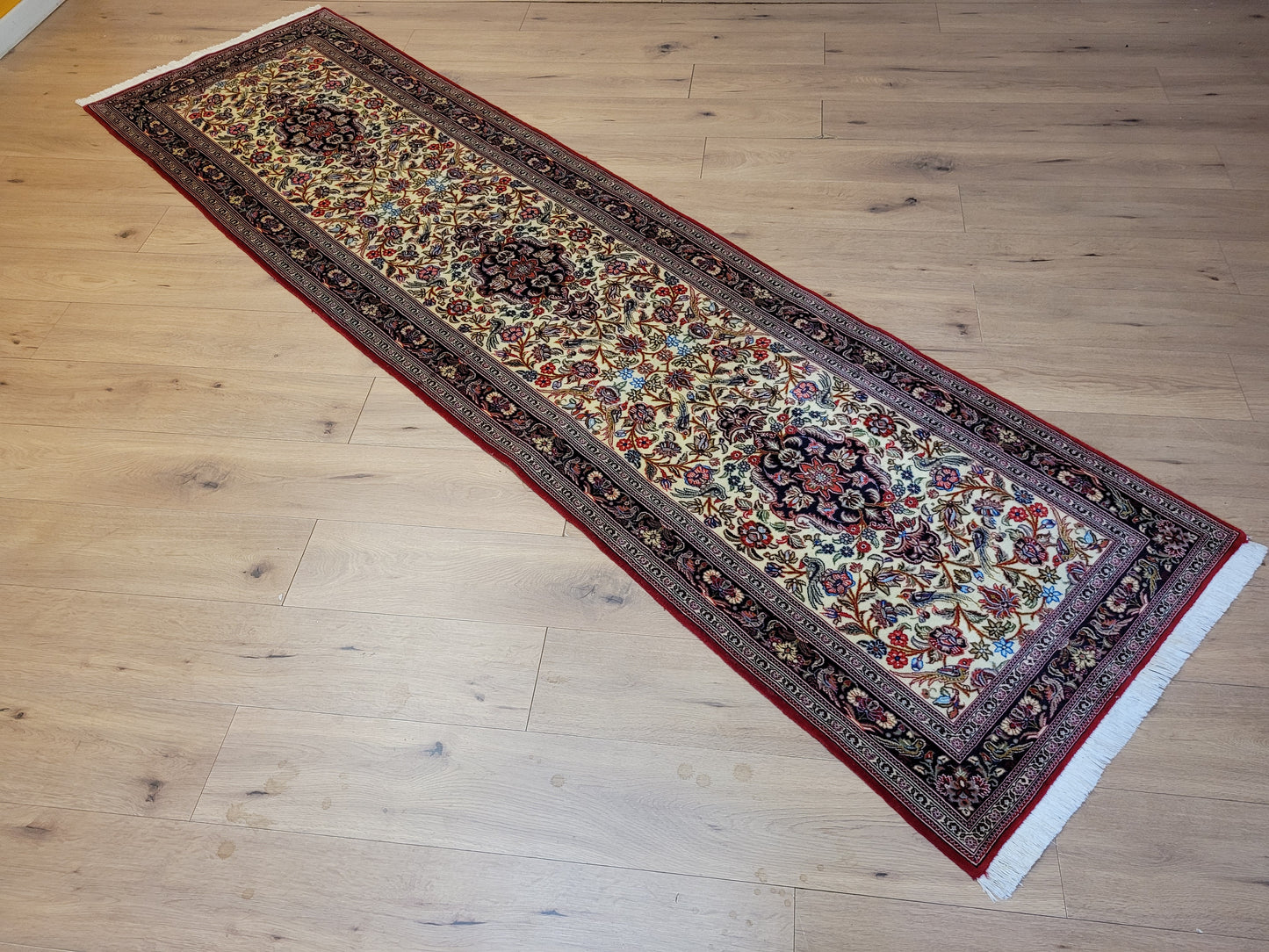 Ghom Läufer Korkwolle floral Vögel feine Knüpfkunst