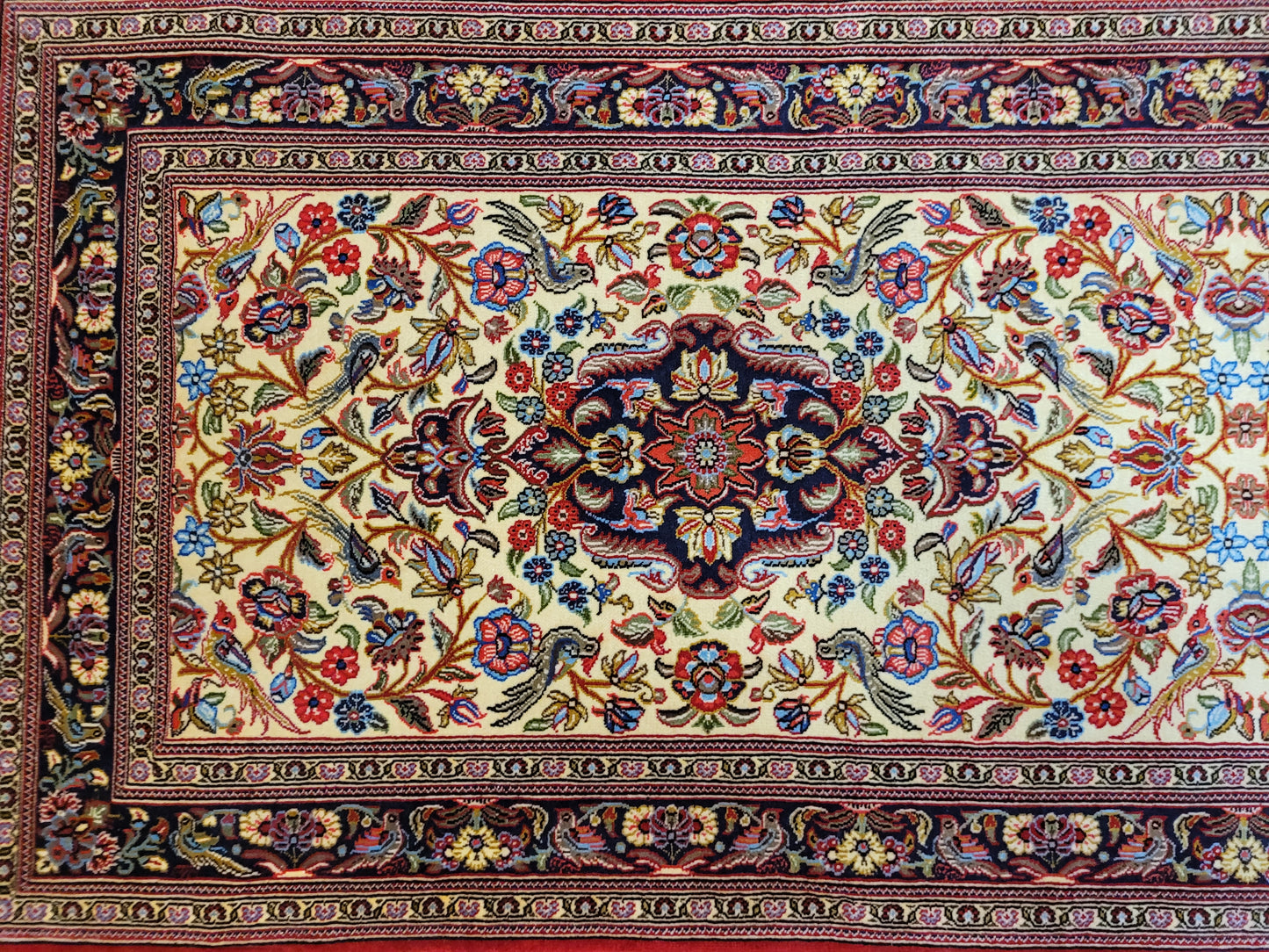 Ghom Läufer Korkwolle floral Vögel feine Knüpfkunst