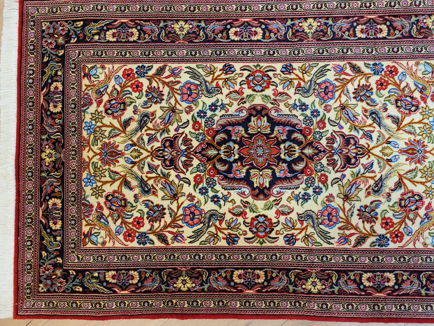 Ghom Läufer Korkwolle floral Vögel feine Knüpfkunst