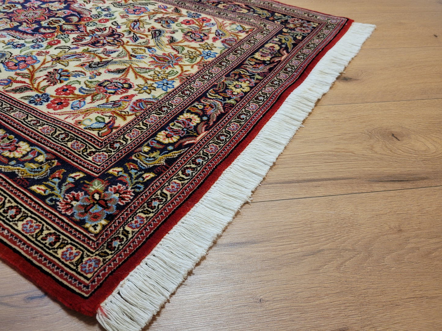 Ghom Läufer Korkwolle floral Vögel feine Knüpfkunst