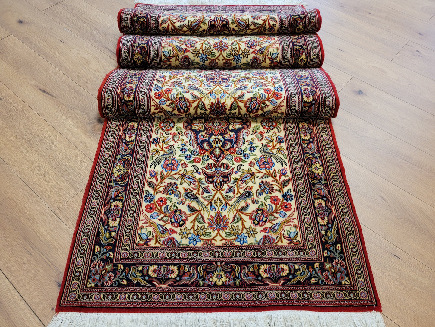 Ghom Läufer Korkwolle floral Vögel feine Knüpfkunst