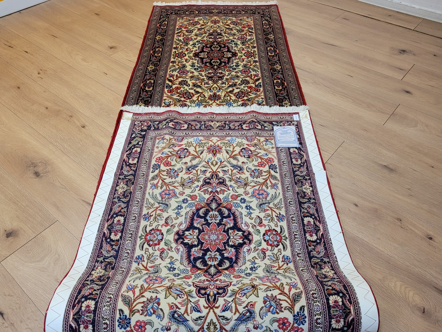 Ghom Läufer Korkwolle floral Vögel feine Knüpfkunst