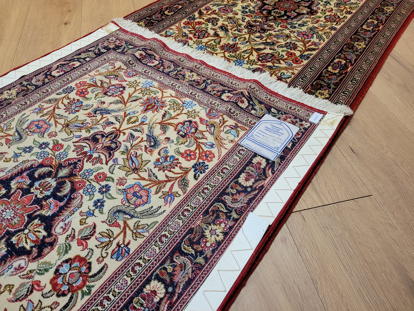 Ghom Läufer Korkwolle floral Vögel feine Knüpfkunst