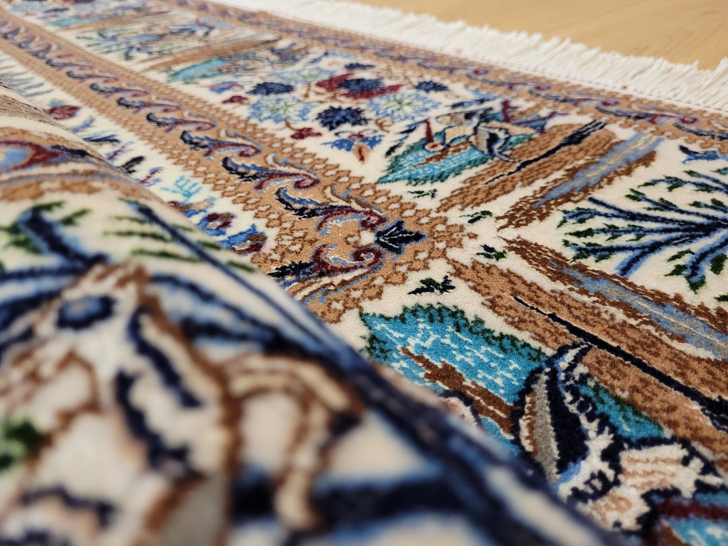 Nain Teppich Korkwolle mit Seide feine Jagdszene detailreich