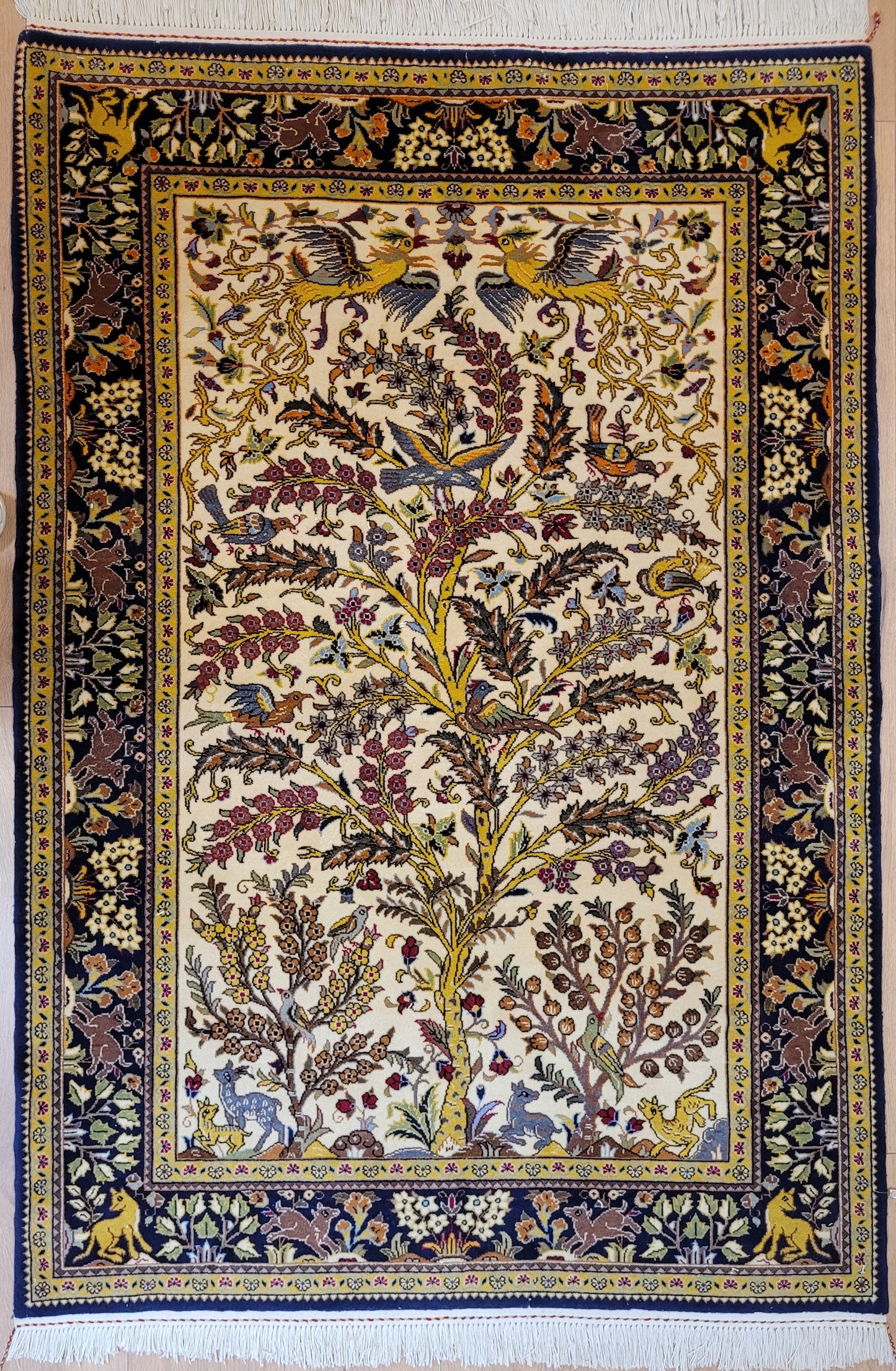 Ghom Teppich Korkwolle Baum des Lebens mit Tieren feine Knüpfung