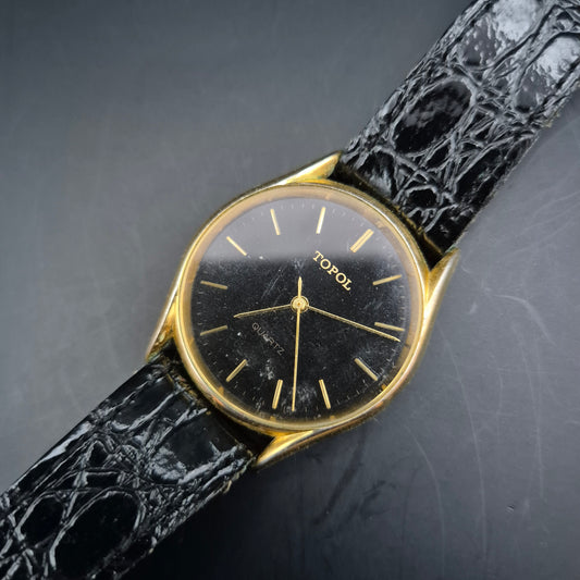 Topol Herren Uhr – Vintage Quarzdesign in Gold-Schwarz (defekt)