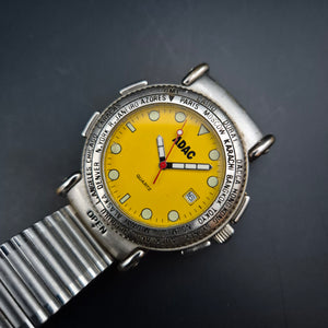 Seltene ADAC Herren Uhr – Gelbes Zifferblatt mit Kompass und Weltzeit