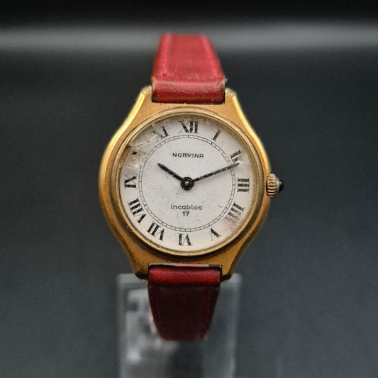 Norvina Damen Uhr – Incabloc 17 Jewels mit rotem Lederarmband