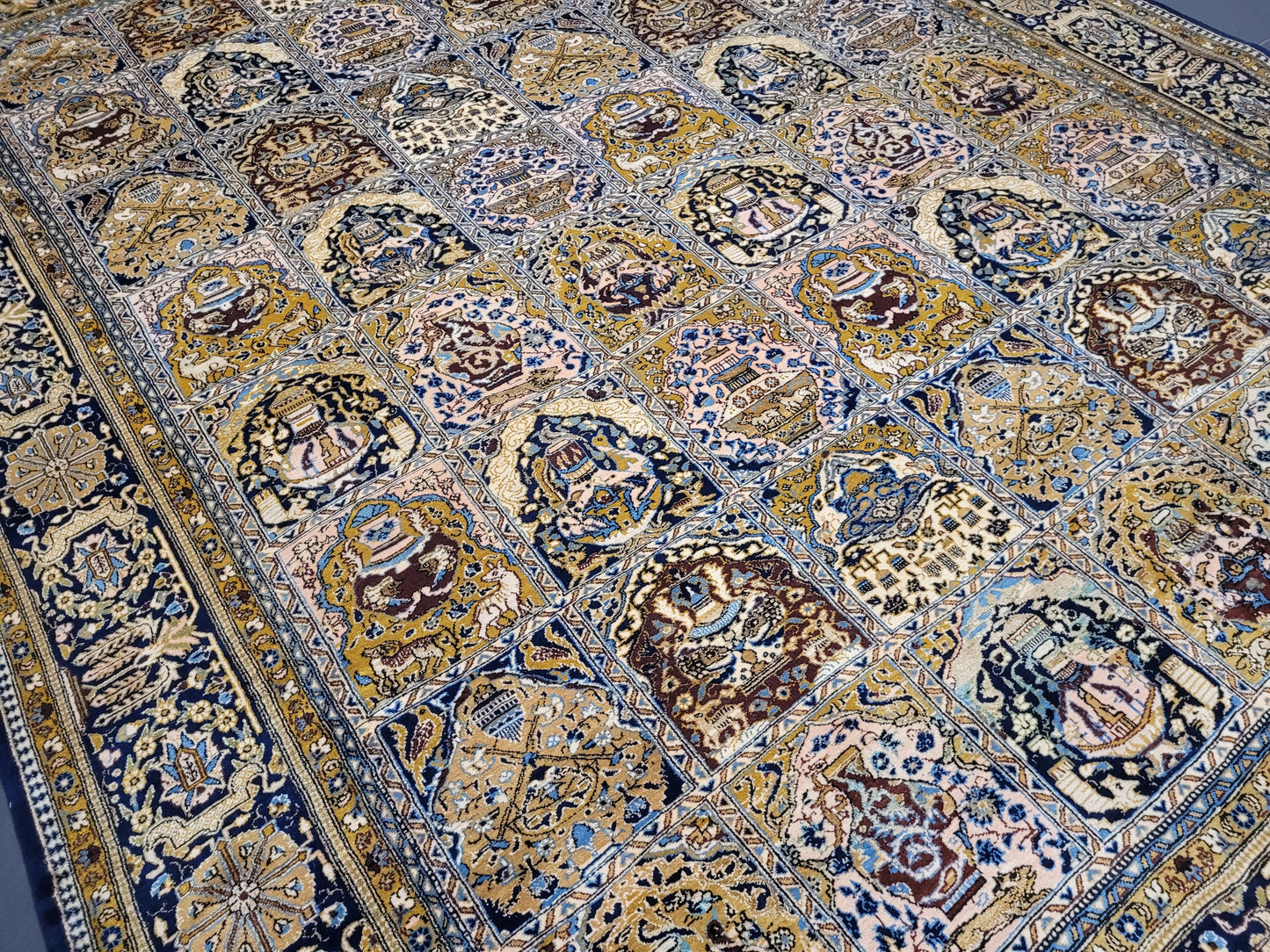 Ghom Teppich Korkwolle mit Seide Feldermuster fein handgeknüpft