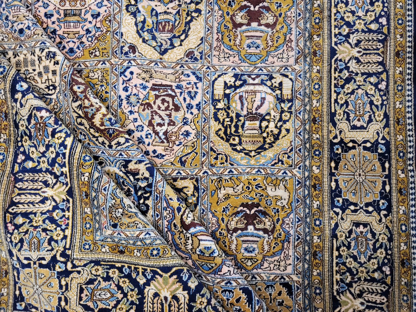 Ghom Teppich Korkwolle mit Seide Feldermuster fein handgeknüpft