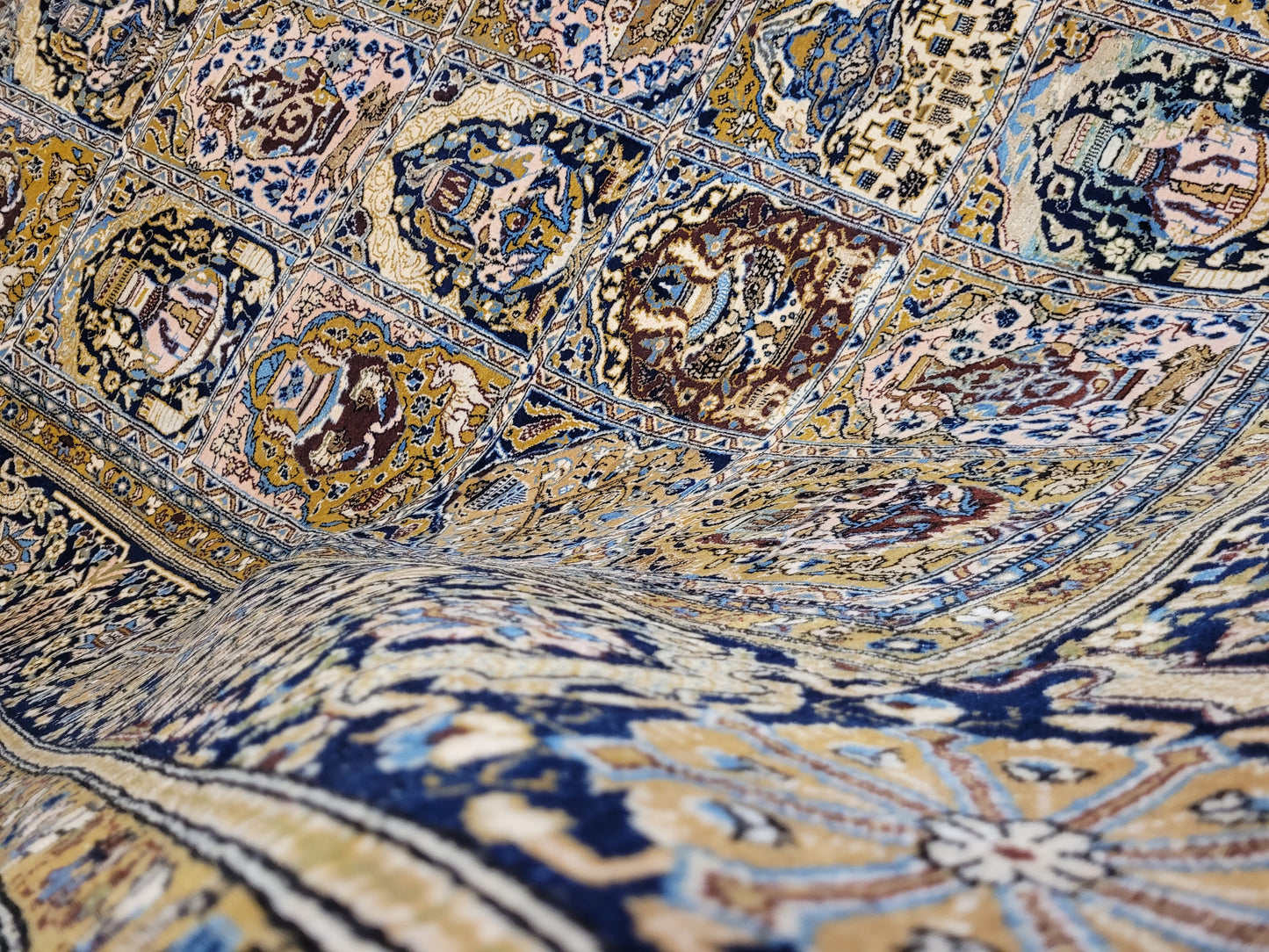 Ghom Teppich Korkwolle mit Seide Feldermuster fein handgeknüpft