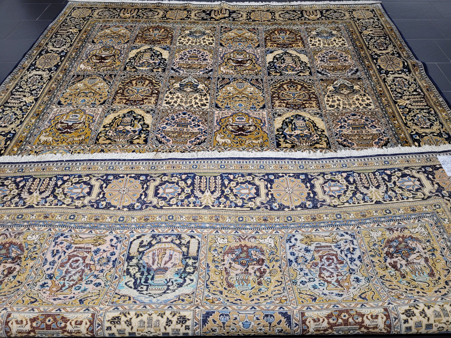 Ghom Teppich Korkwolle mit Seide Feldermuster fein handgeknüpft