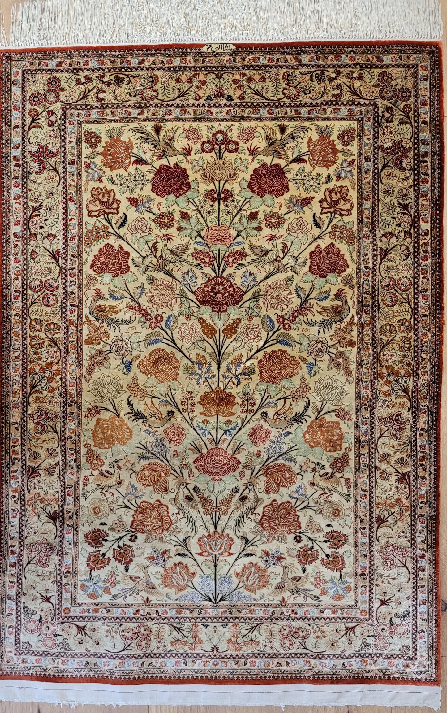 Ghom Seidenteppich 155x108 cm Seide auf Seide signiert feine Knüpfung