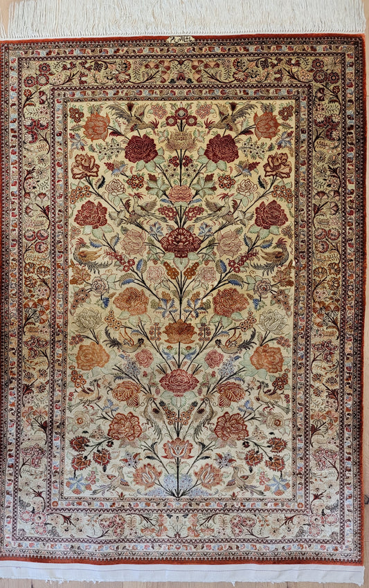 Ghom Seidenteppich 155x108 cm Seide auf Seide signiert feine Knüpfung