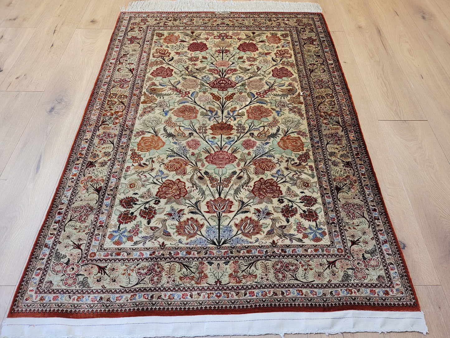 Ghom Seidenteppich 155x108 cm Seide auf Seide signiert feine Knüpfung