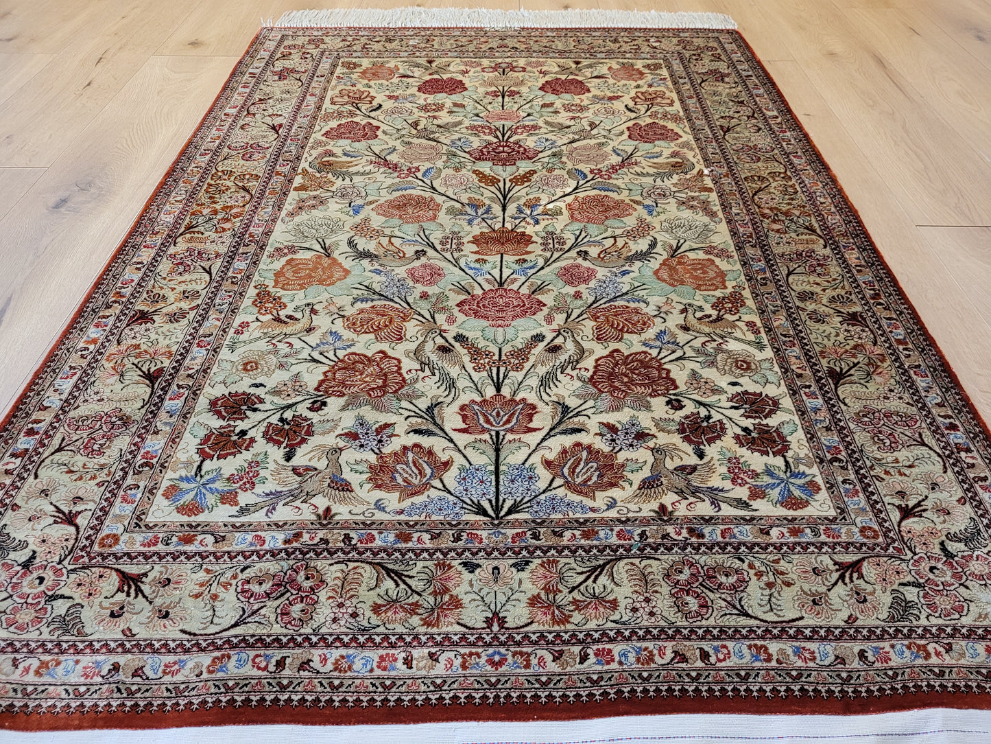 Ghom Seidenteppich 155x108 cm Seide auf Seide signiert feine Knüpfung