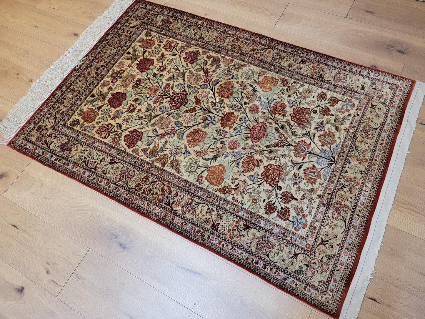 Ghom Seidenteppich 155x108 cm Seide auf Seide signiert feine Knüpfung