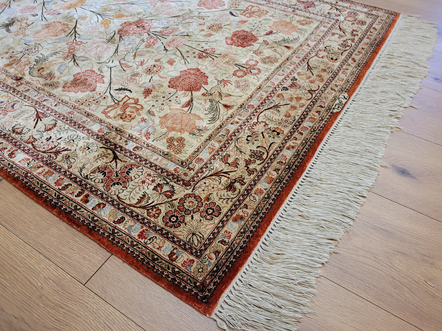 Ghom Seidenteppich 155x108 cm Seide auf Seide signiert feine Knüpfung