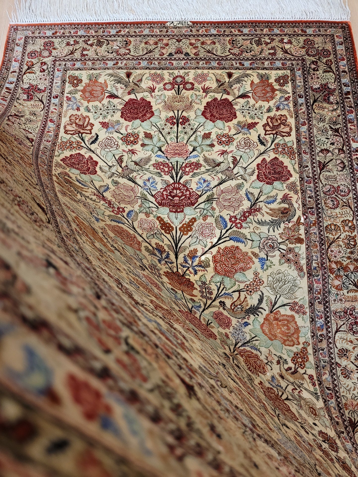 Ghom Seidenteppich 155x108 cm Seide auf Seide signiert feine Knüpfung