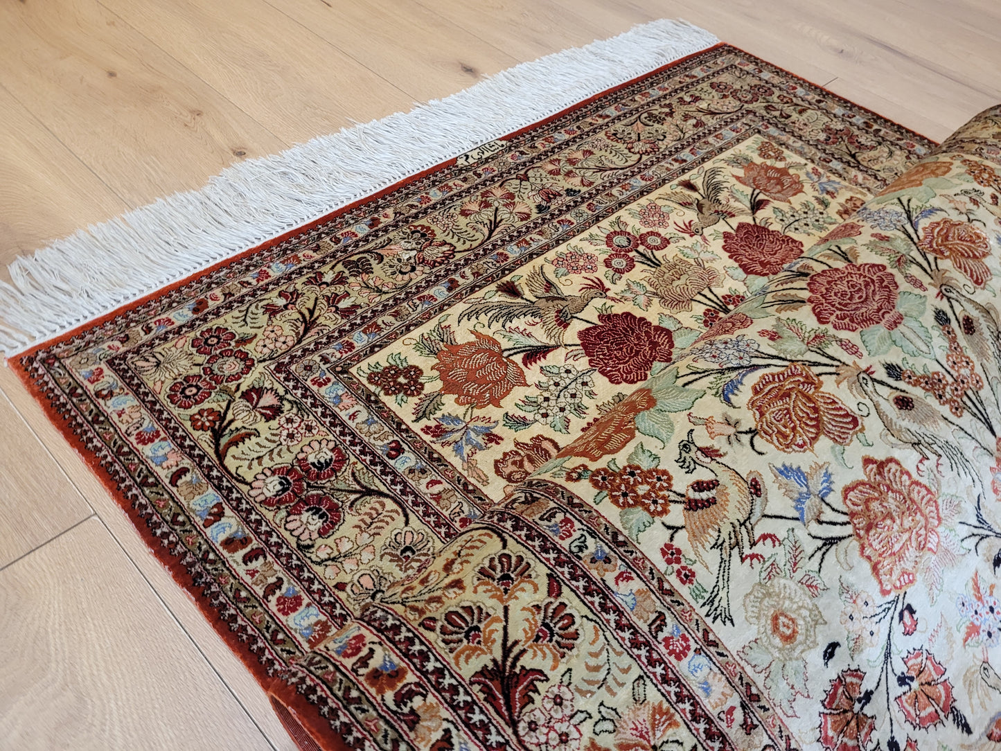 Ghom Seidenteppich 155x108 cm Seide auf Seide signiert feine Knüpfung