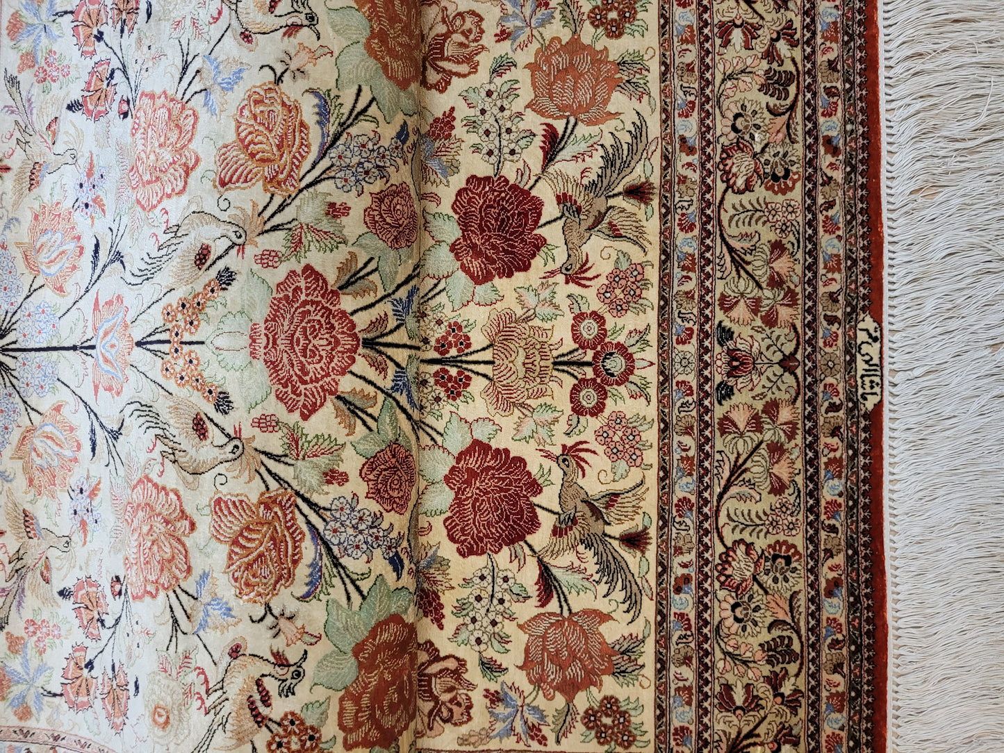 Ghom Seidenteppich 155x108 cm Seide auf Seide signiert feine Knüpfung