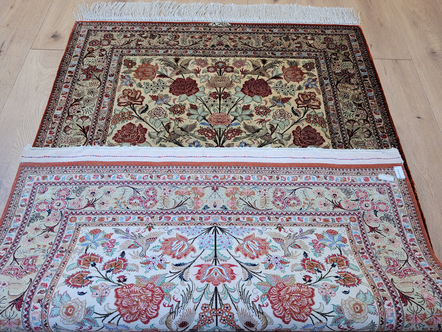 Ghom Seidenteppich 155x108 cm Seide auf Seide signiert feine Knüpfung