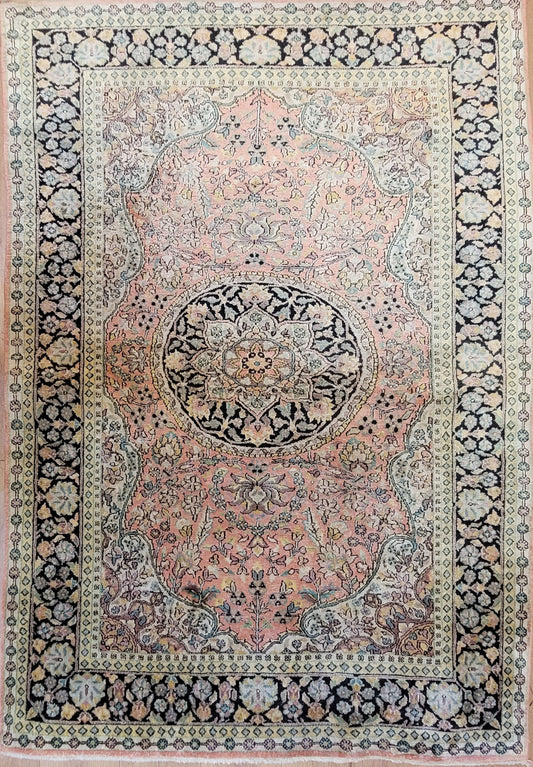 Kaschmir Seidenteppich 182x125 cm florales Medaillon feine Knüpfung