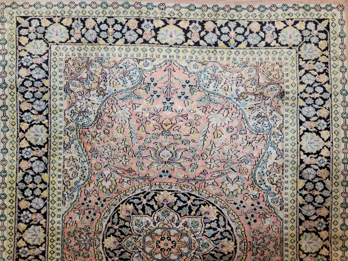 Kaschmir Seidenteppich 182x125 cm florales Medaillon feine Knüpfung