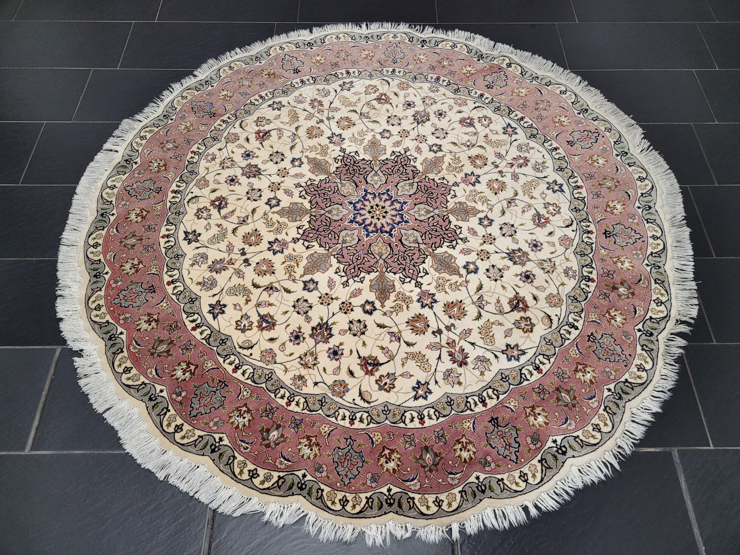 Täbriz Teppich Rund 200 cm Korkwolle mit Seide feine Knüpfkunst