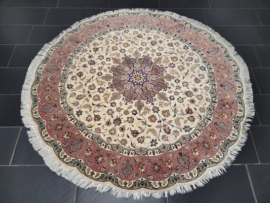 Täbriz Teppich Rund 200 cm Korkwolle mit Seide feine Knüpfkunst
