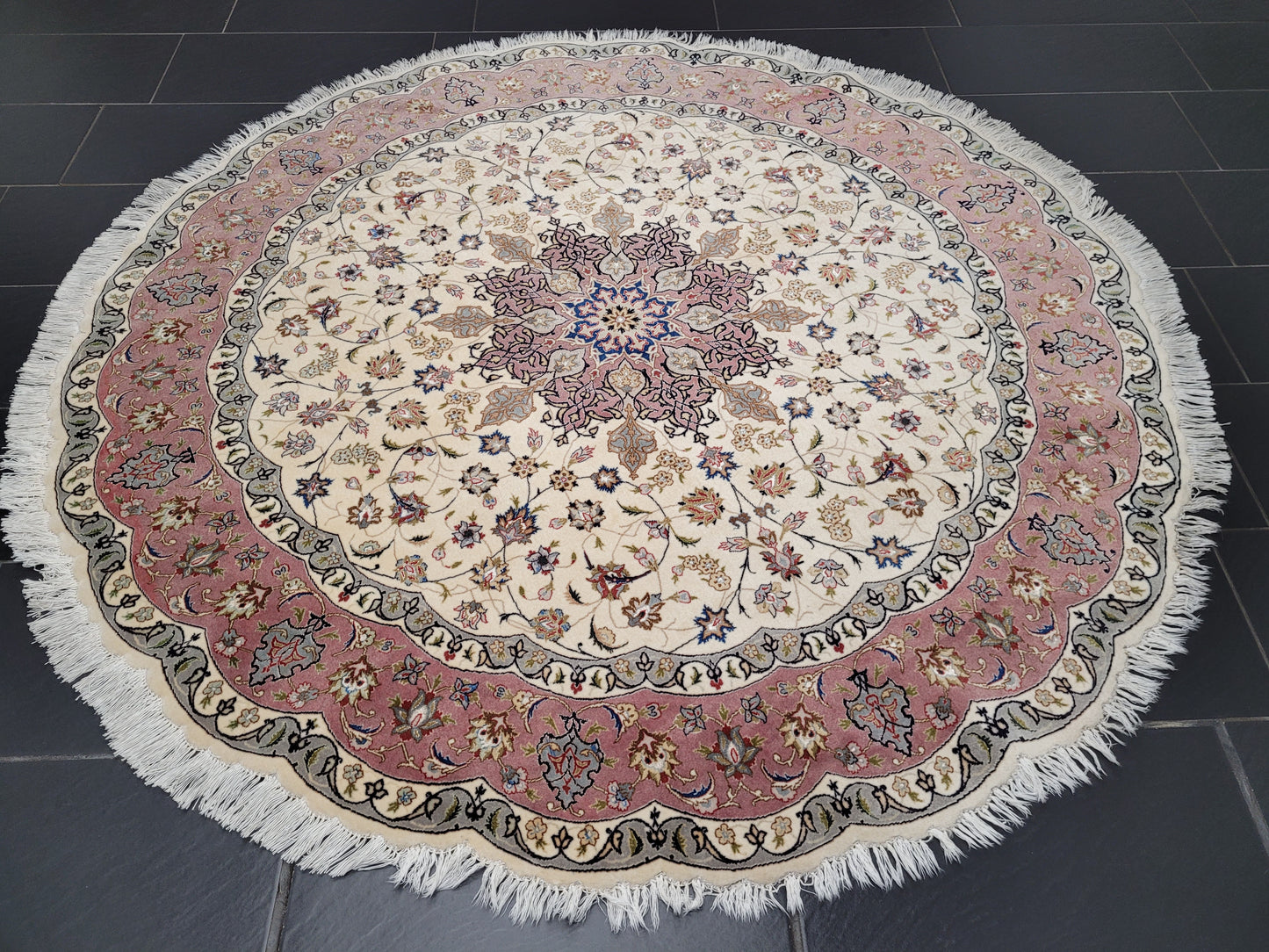 Täbriz Teppich Rund 200 cm Korkwolle mit Seide feine Knüpfkunst