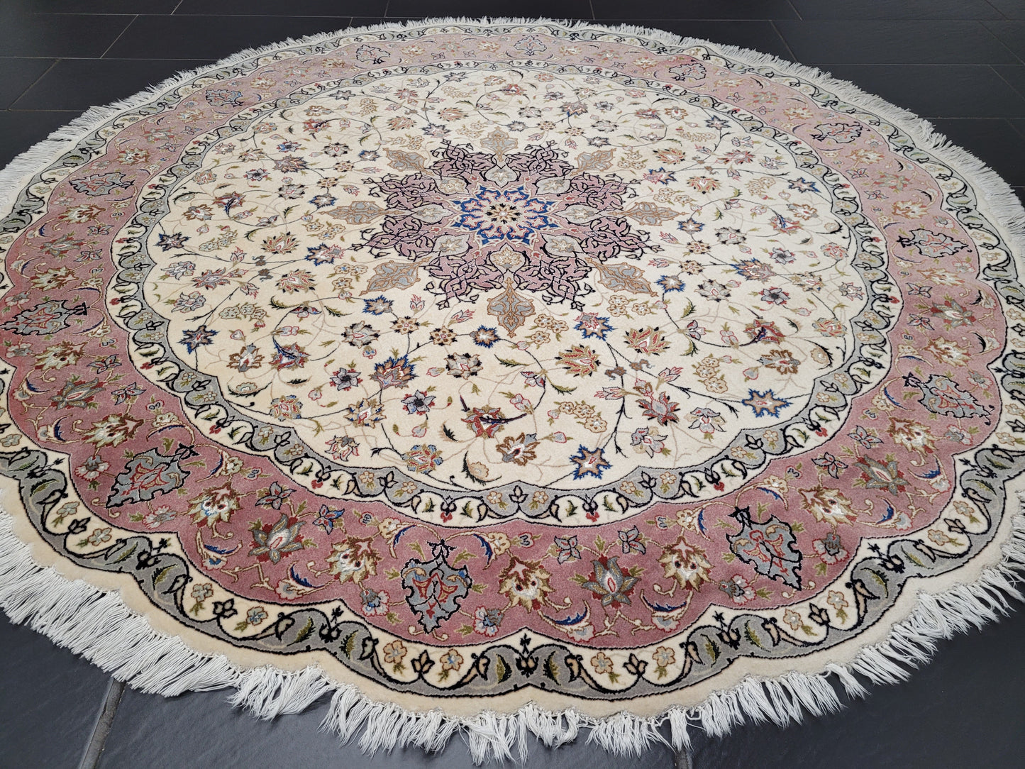 Täbriz Teppich Rund 200 cm Korkwolle mit Seide feine Knüpfkunst