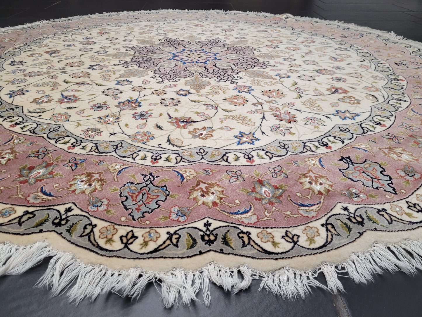 Täbriz Teppich Rund 200 cm Korkwolle mit Seide feine Knüpfkunst