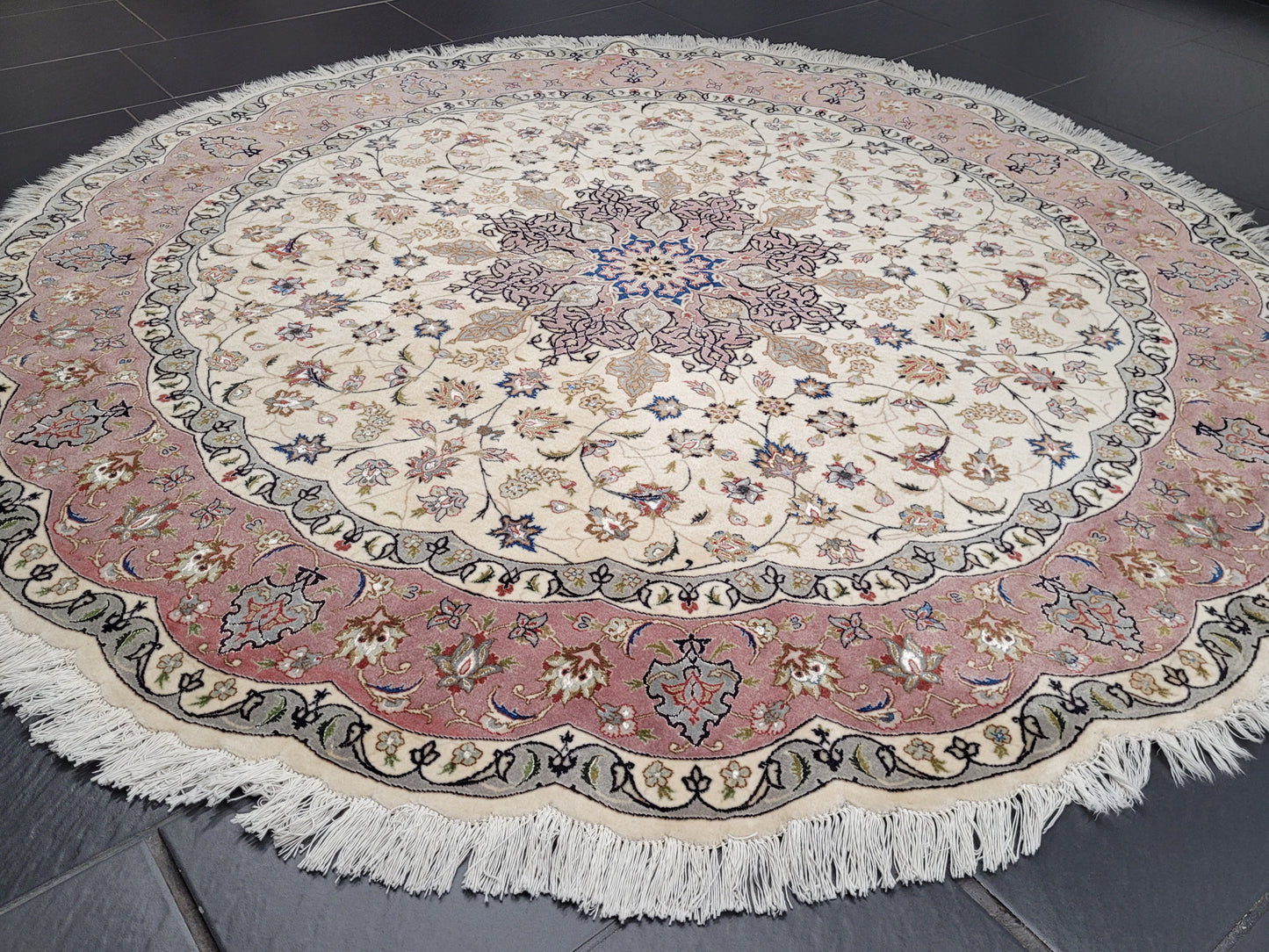 Täbriz Teppich Rund 200 cm Korkwolle mit Seide feine Knüpfkunst