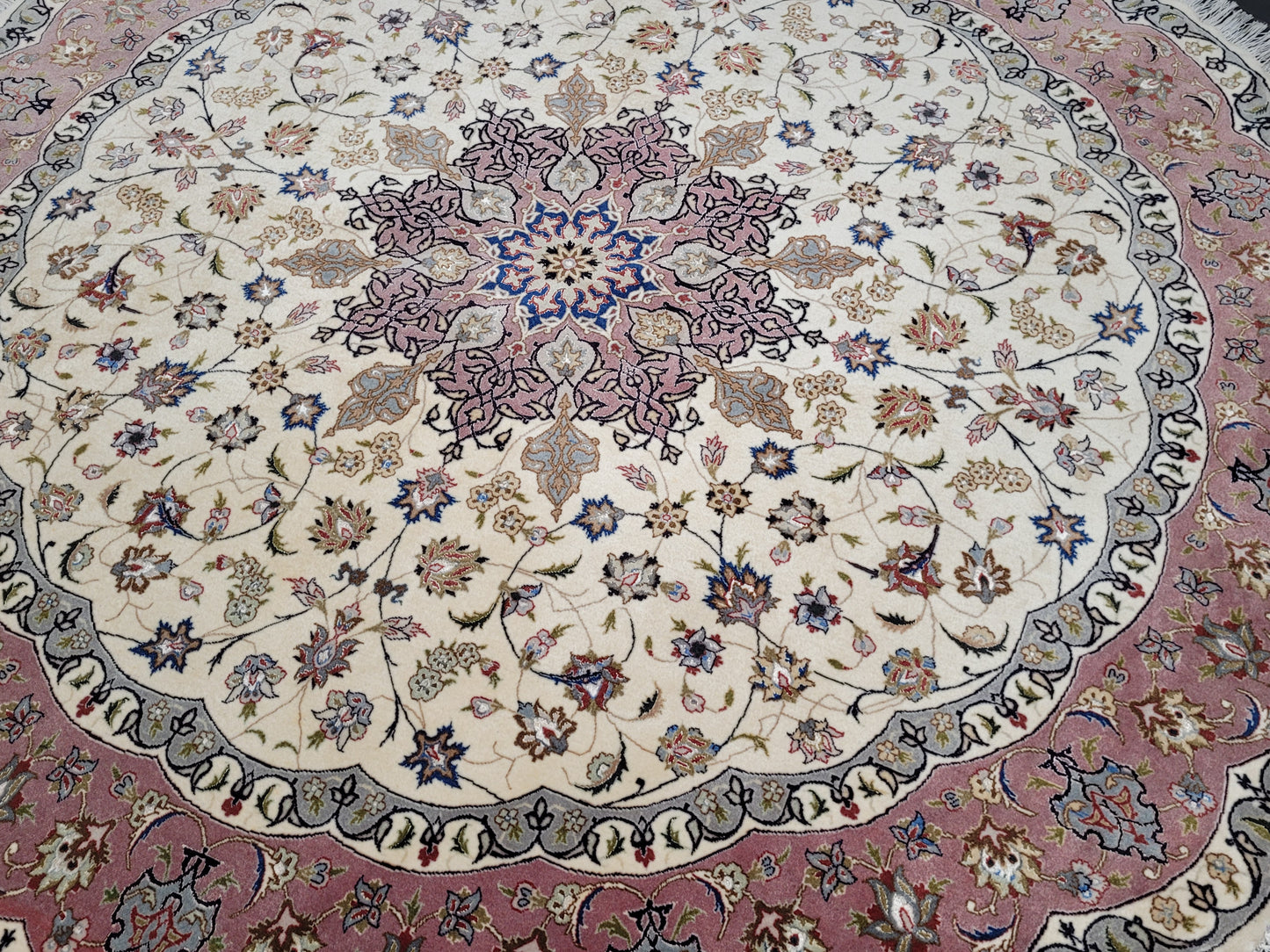 Täbriz Teppich Rund 200 cm Korkwolle mit Seide feine Knüpfkunst