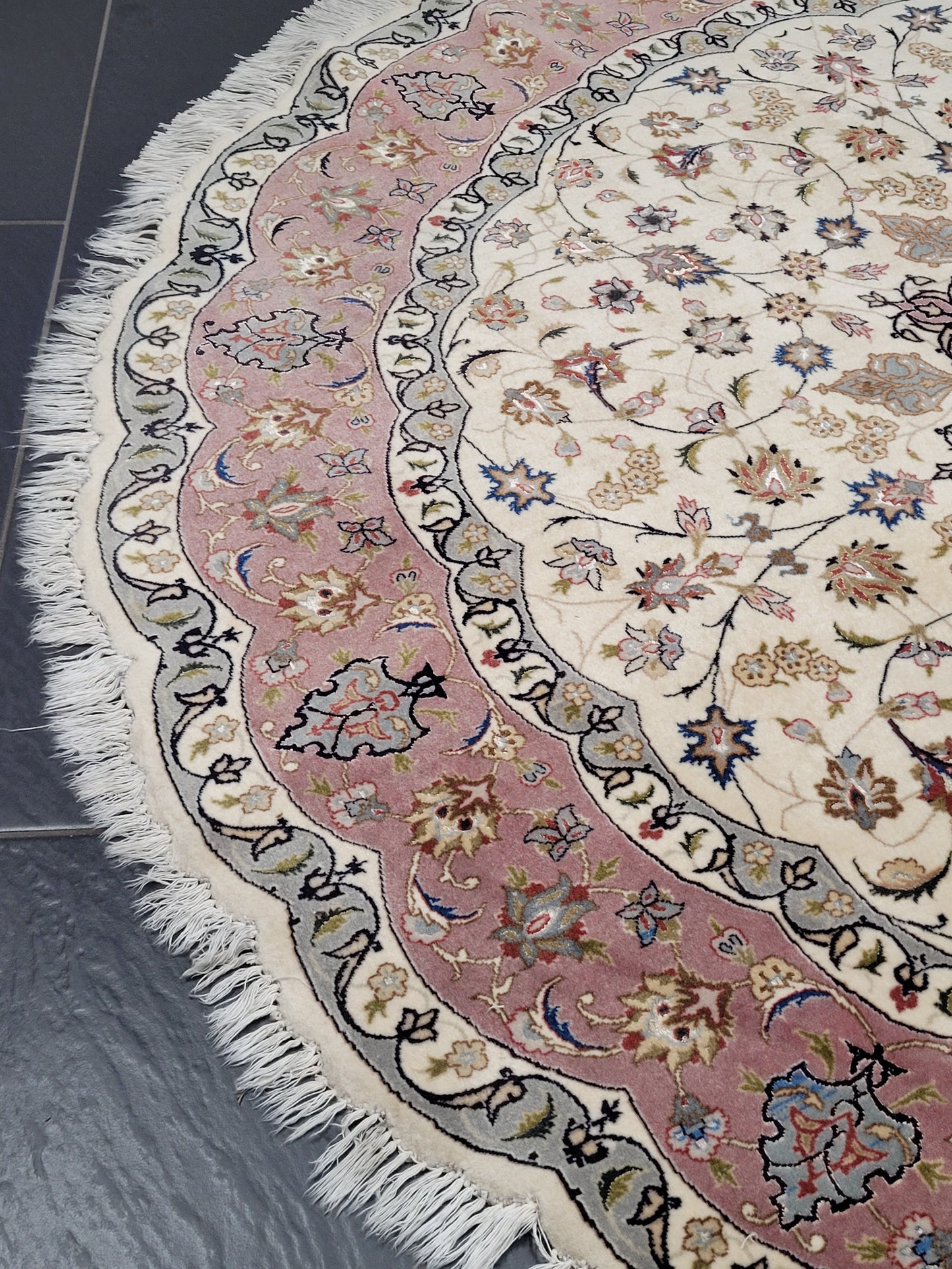 Täbriz Teppich Rund 200 cm Korkwolle mit Seide feine Knüpfkunst