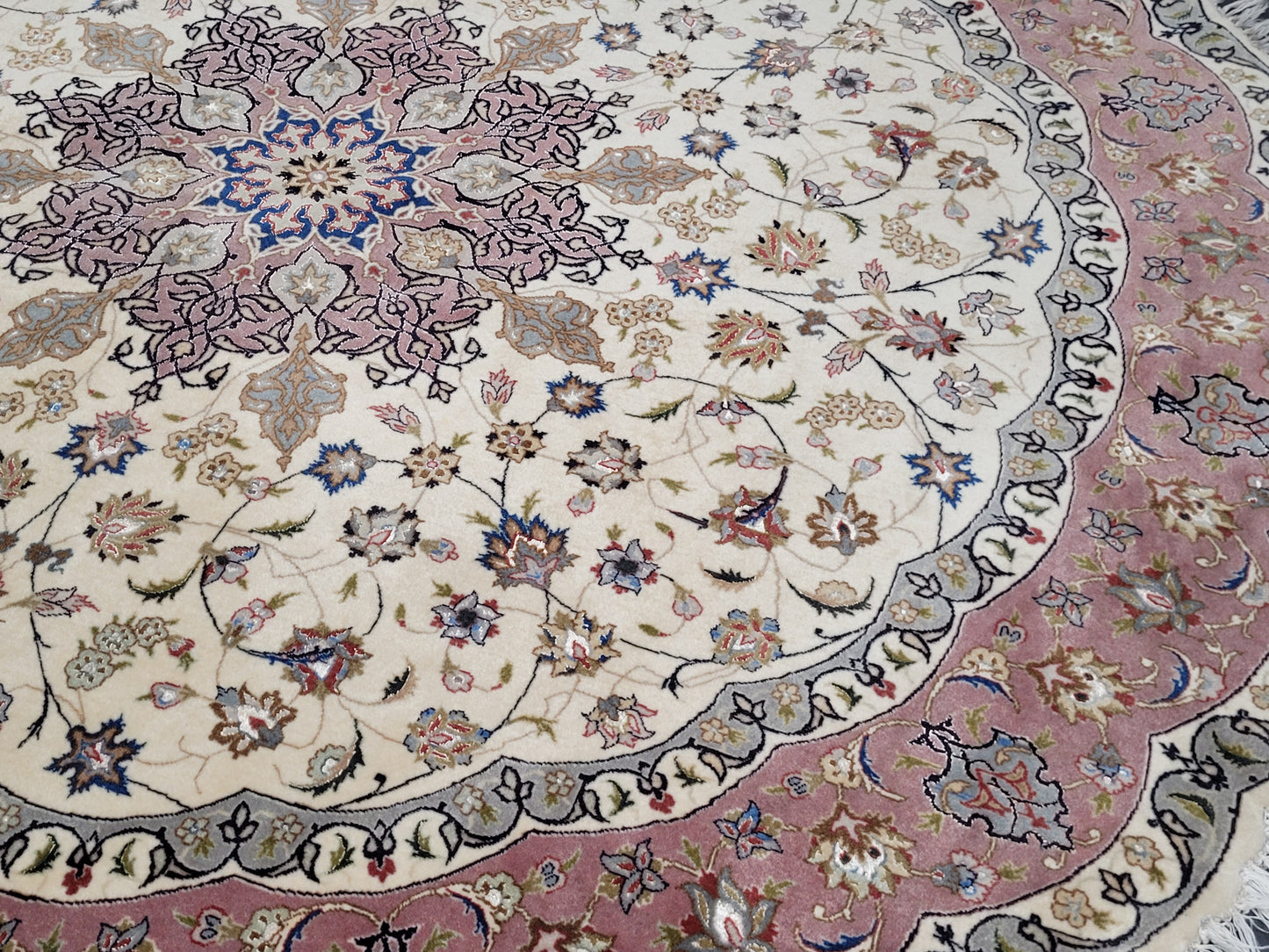 Täbriz Teppich Rund 200 cm Korkwolle mit Seide feine Knüpfkunst