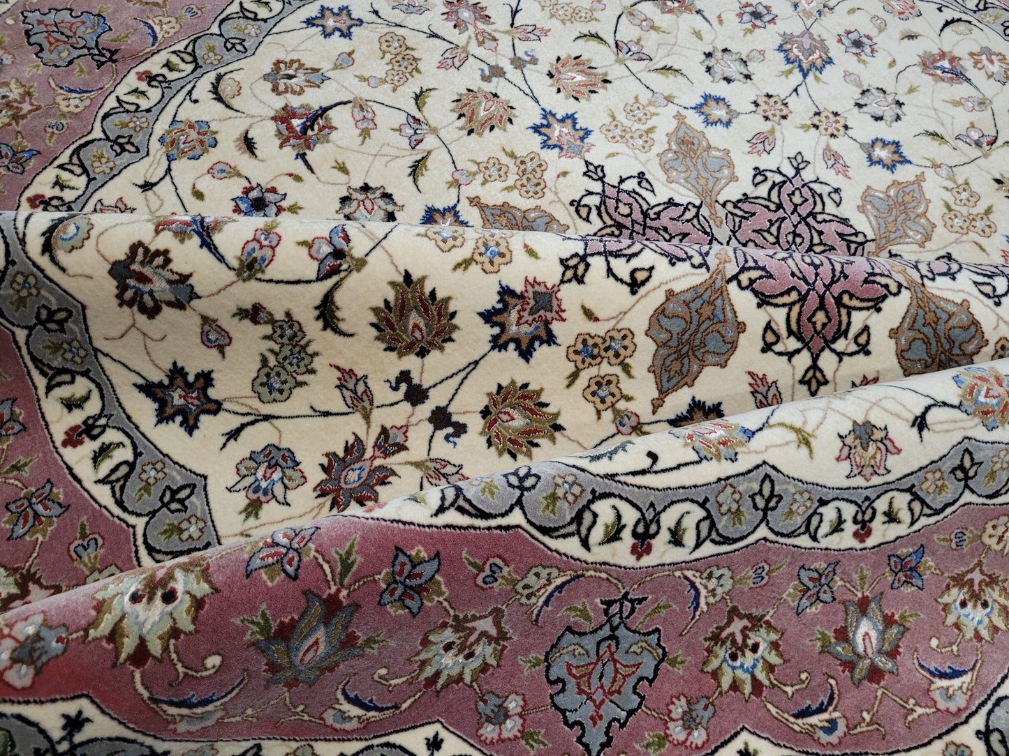 Täbriz Teppich Rund 200 cm Korkwolle mit Seide feine Knüpfkunst