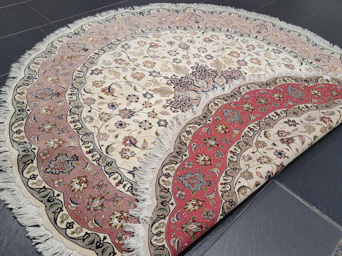 Täbriz Teppich Rund 200 cm Korkwolle mit Seide feine Knüpfkunst