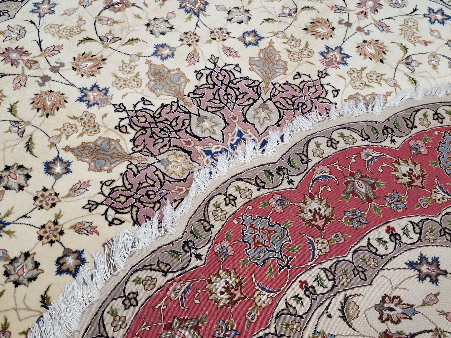 Täbriz Teppich Rund 200 cm Korkwolle mit Seide feine Knüpfkunst