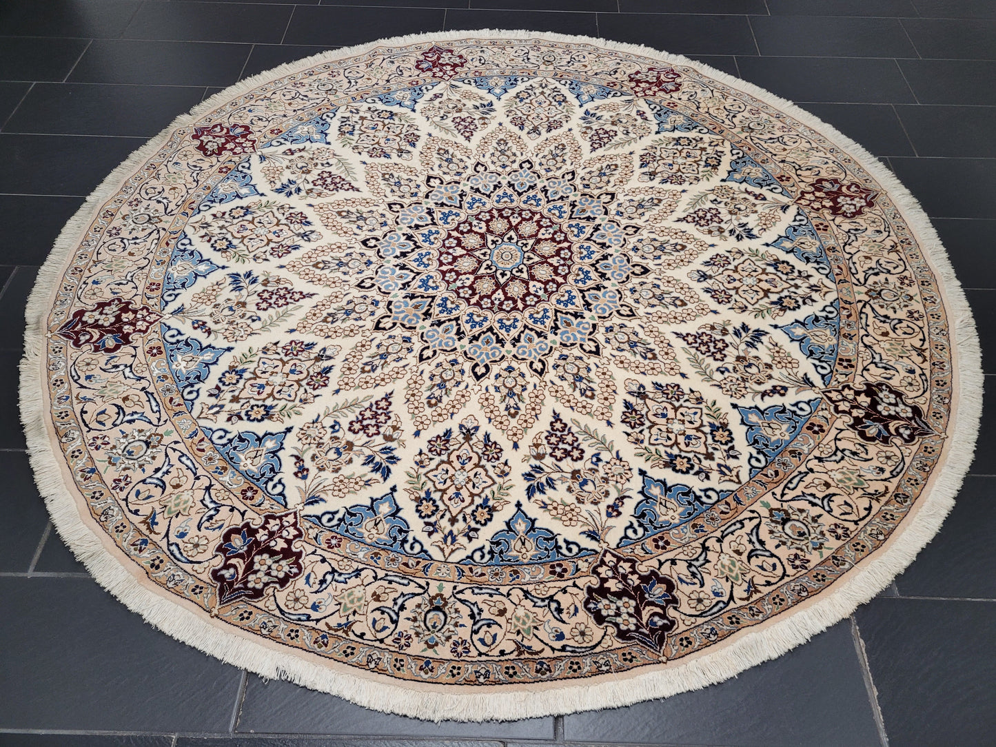 Nain Teppich Rund Seide und Wolle fein geknüpft 245 cm Unikat