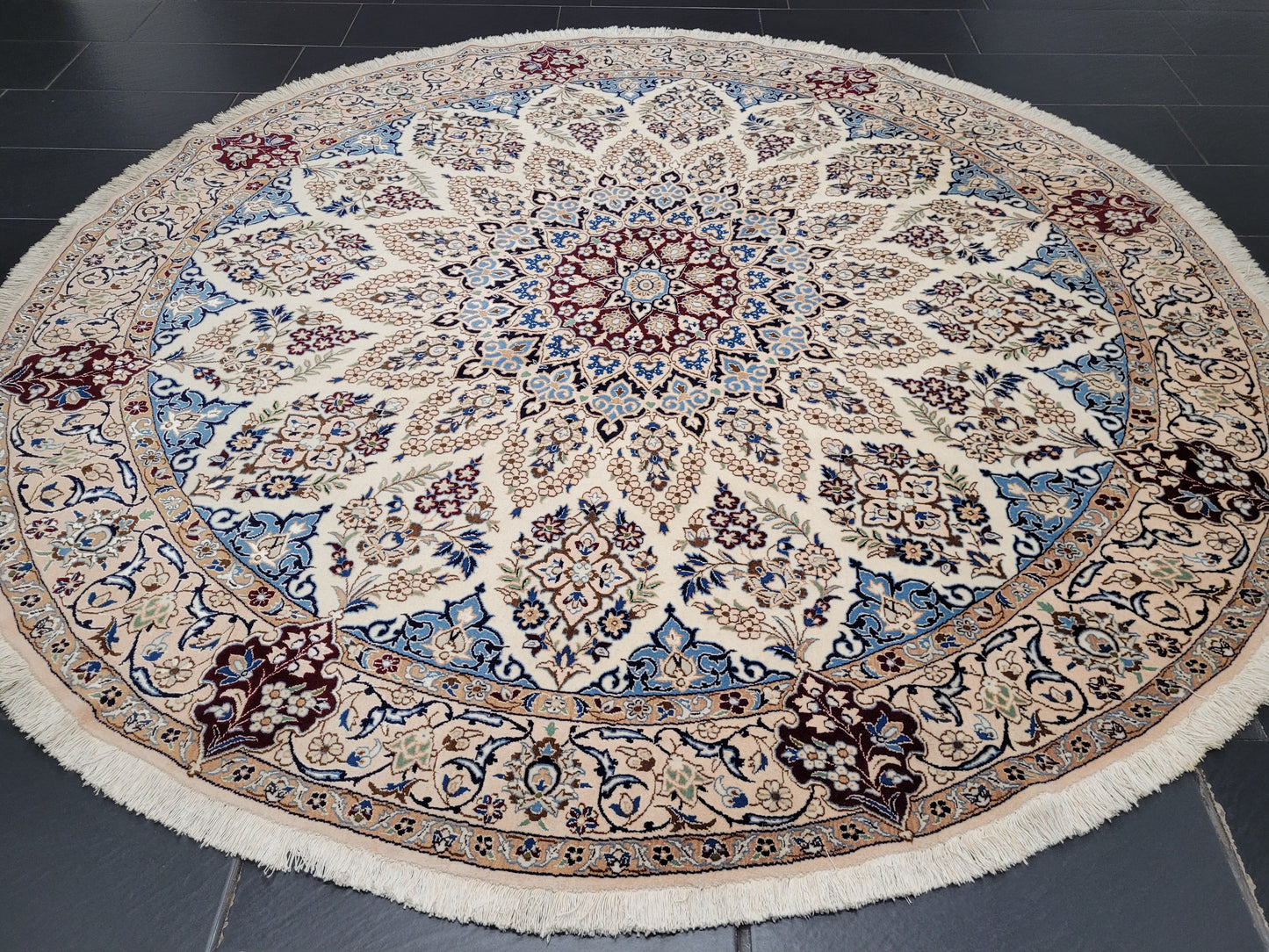 Nain Teppich Rund Seide und Wolle fein geknüpft 245 cm Unikat