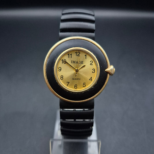 Image Damen Uhr Schwarz-Gold – Stilvolle Retro Quarz Armbanduhr