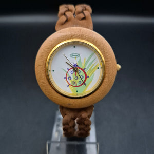 Avenue Damen Uhr – Holzoptik Design mit geflochtenem Lederarmband