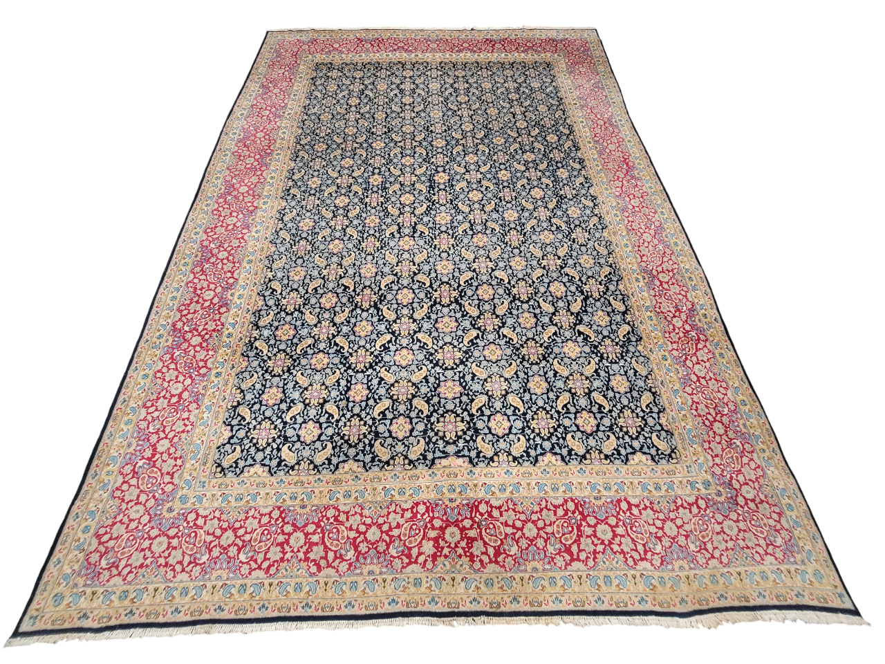 Kirman Teppich 400x280 cm Korkwolle signiert florales Boteh-Muster
