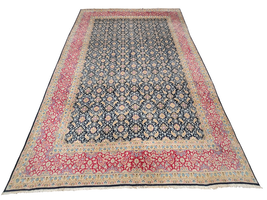 Kirman Teppich 400x280 cm Korkwolle signiert florales Boteh-Muster