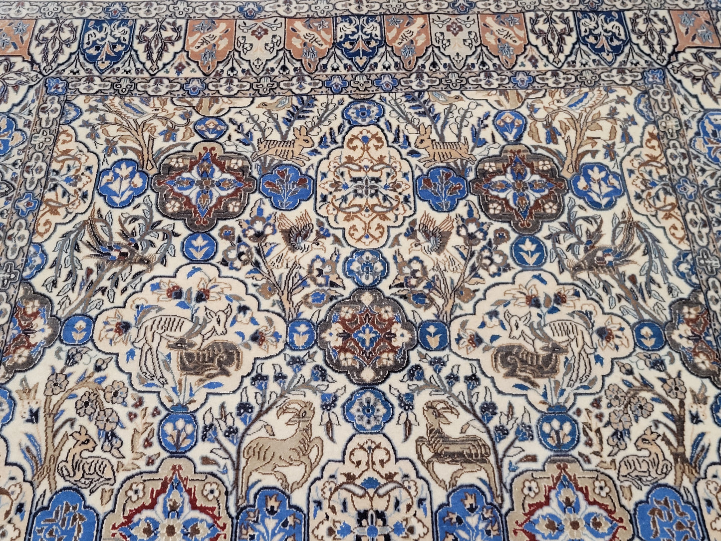 Nain Teppich 200x175 cm feine Korkwolle mit Seide Jagdmotiv