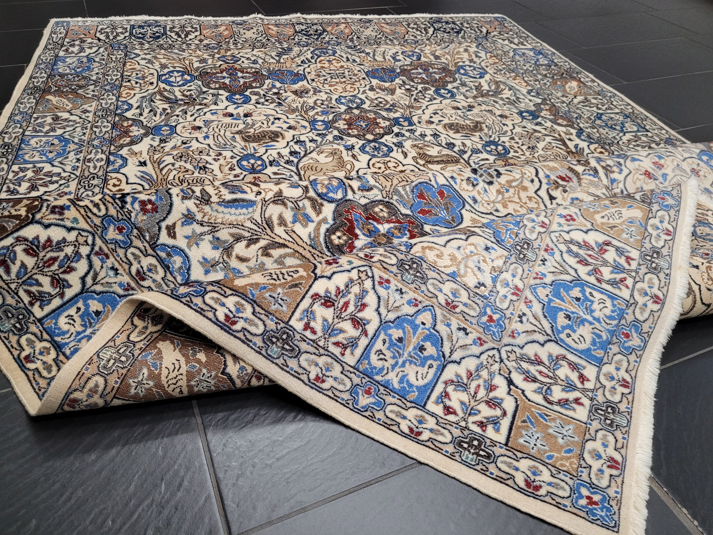 Nain Teppich 200x175 cm feine Korkwolle mit Seide Jagdmotiv