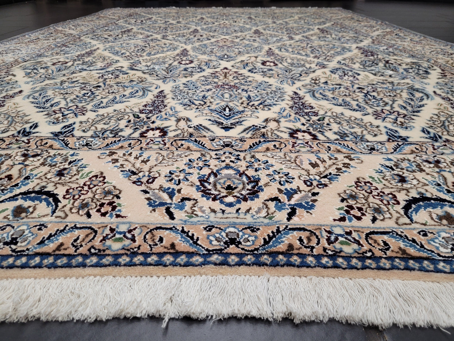 Nain Teppich 300x200 cm feine Korkwolle mit Seide – Vogel- und Blumenmotiv
