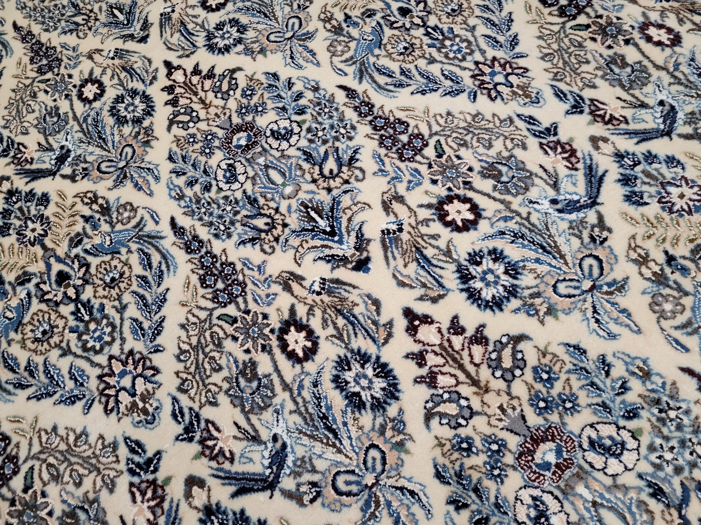 Nain Teppich 300x200 cm feine Korkwolle mit Seide – Vogel- und Blumenmotiv